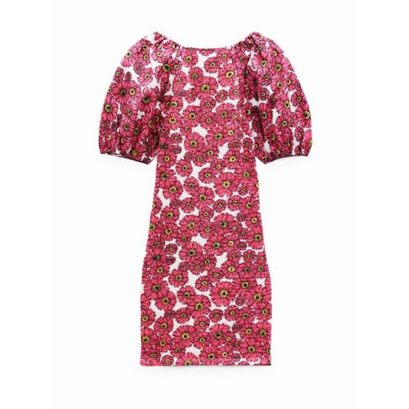 Zara Floral Balloon Sleeve Dress Smocked Puff Princess Pink Sweetheart Bust Mini - Picture 10 of 14